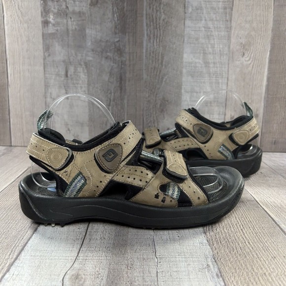 FootJoy FJ GreenJoy Men's Leather Golf Sandals Spikes Tan Beige Size 7M 48786 - Picture 2 of 13